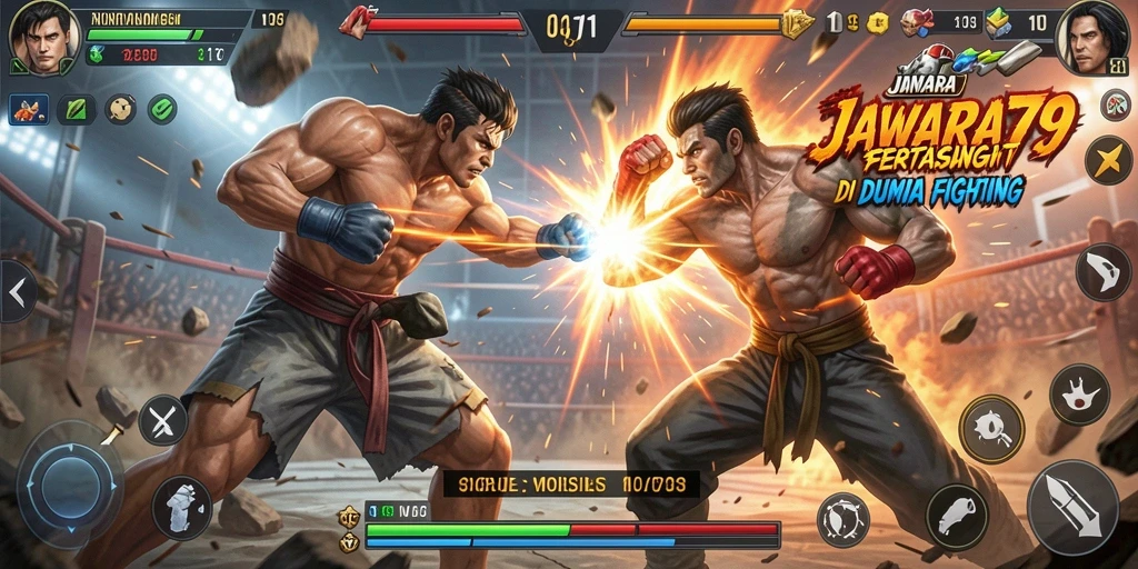 Screenshot dari gameplay JAWARA79 menampilkan pertarungan yang seru dan mendebarkan.