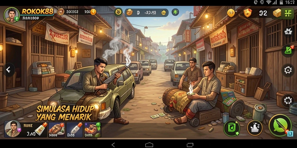 Tangkapan layar utama ROKOK88 menampilkan momen seru dalam simulasi kehidupan.