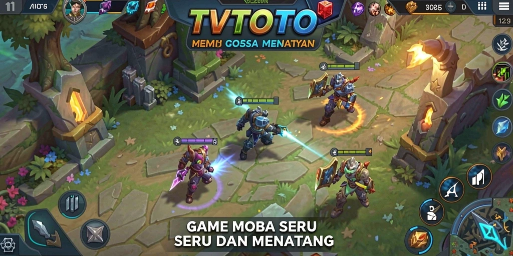 Screenshot gameplay TVTOTO menampilkan aksi pertarungan MOBA yang seru.